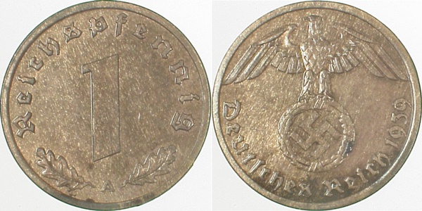1 Pfennig 1939 A J361 schöne Patina Drittes Reich
