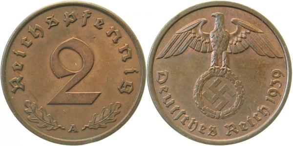 2 Pfennig 1939 A vz/st J362 Drittes Reich