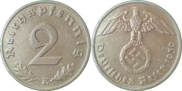 2 Pfennig 1939 E J362 vz Drittes Reich