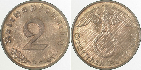2 Pfennig 1940 D vz/st J362 Drittes Reich