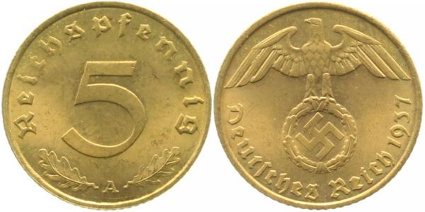 5 Pfennig 1937 A prfr J363 Drittes Reich