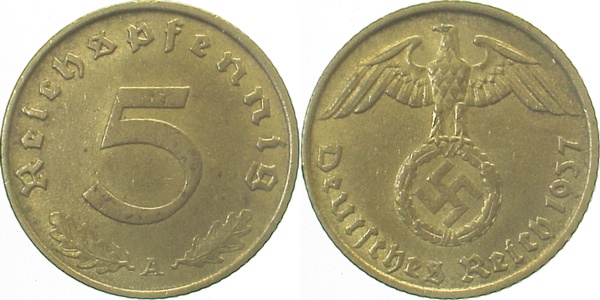 5 Pfennig 1937 A f prfr J363 Drittes Reich