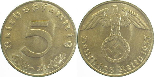 5 Pfennig 1937 E J363, selten i.d. Erhaltung
