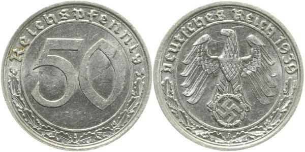 50 Pfennig 1939 A vz Jahreszahl deutlich doppelt ! J365 vz 50 Pfennig
