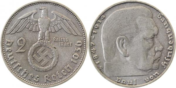 2 Reichsmark Hindenburg 1936 D ss J366