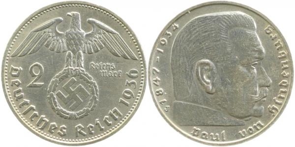 2 Reichsmark Hindenburg 1936 J ss/vz J366