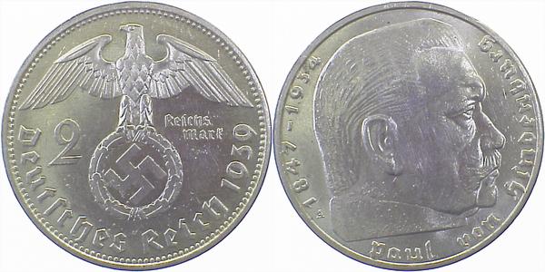 2 Reichsmark Hindenburg 1939 A f.stgl J366