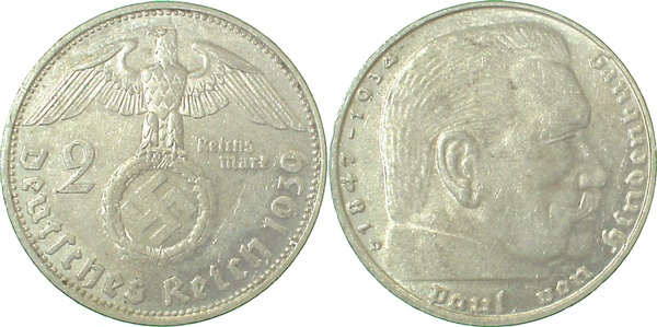2 Reichsmark Hindenburg 1939 D J366 vz