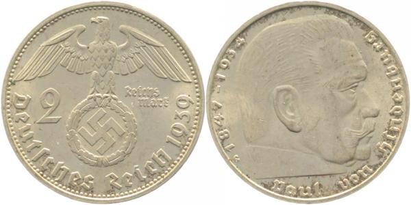 2 Reichsmark Hindenburg 1939 G vz/st J366