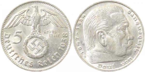 5 Reichsmark Hindenburg 1938 D vz/stgl !!!
