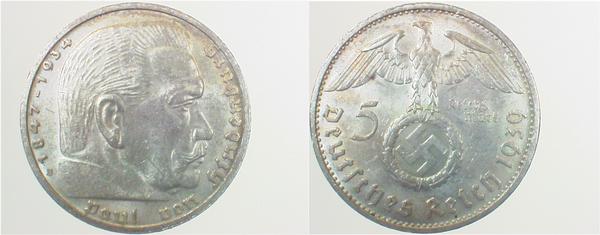 5 Reichsmark Hindenburg 1939 E vz/st hübsche Patina J367