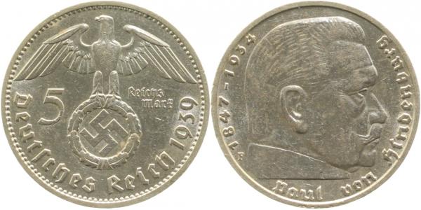 5 Reichsmark Hindenburg 1939 F vorzüglich-