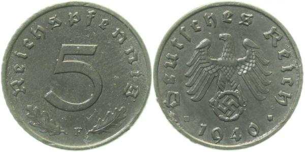 5 Pfennig 1940 F f.prfr, Zink,teilweise Originalfarbe