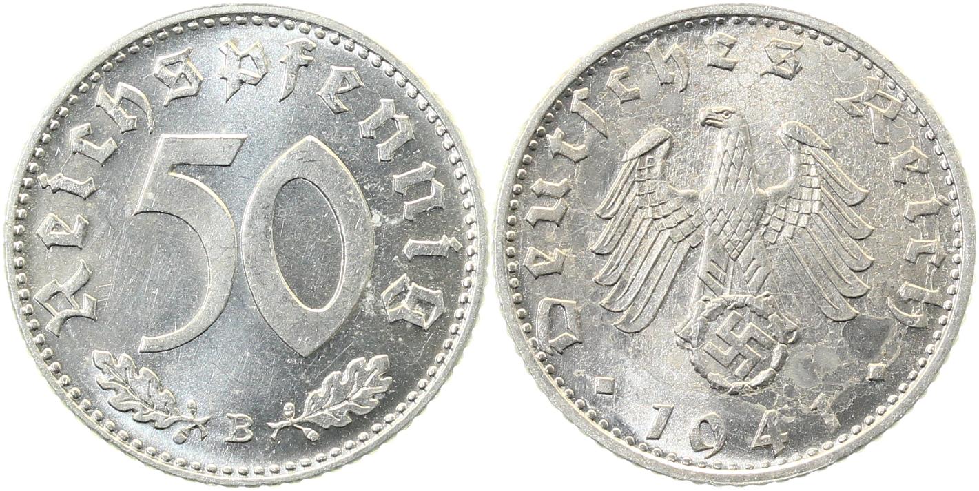 50 Reischspfennig 1941 B prfr/stgl Rs: Stempelriss Top J372