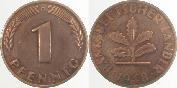 1 Pfennig 1948 D Polierte Platte- J376 Proof-