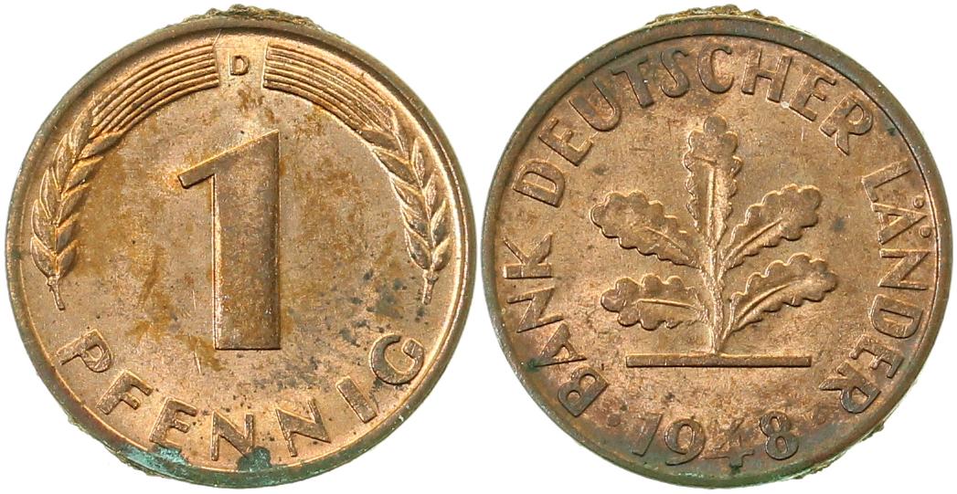 1 Pfennig 1948 D bfr etwas fleckig J376 bfr 1 Pfennig