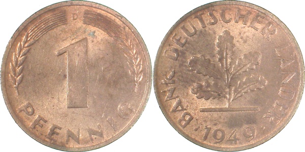 1 Pfennig 1949 D bfr, zaponiert, a.d. Sammlung Porth