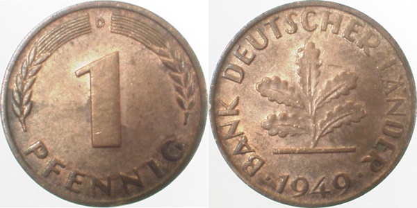 1 Pfennig 1949 D vz/st J376 vz/st 1 Pfennig