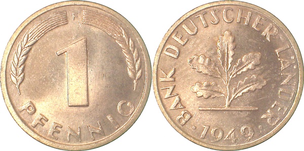 1 Pfennig 1949 F bfr/stgl, zaponiert, Sammlung Porth