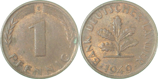 1 Pfennig 1949 G vz+ J376 vz+ 1 Pfennig