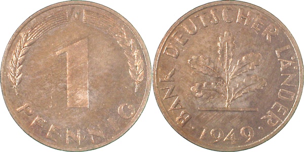 1 Pfennig 1949 J bfr/stgl Ea J376 bfr / stgl 1 Pfennig