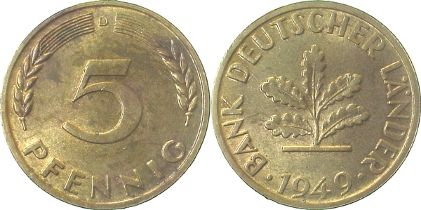 5 Pfennig 1949 D bankfrisch zaponiert