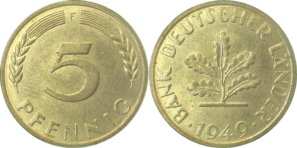 5 Pfennig 1949 F BDL stgl, zaponiert aus Sammlung Porth