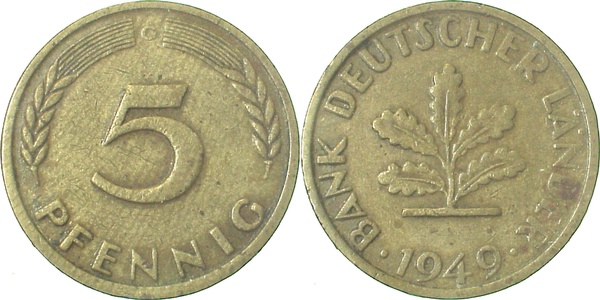 5 Pfennig 1949 G ss/vz J377 ss / vz 5 Pfennig