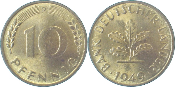 10 Pfennig 1949 D f stgl J378 Bank D. Länder, zaponiert