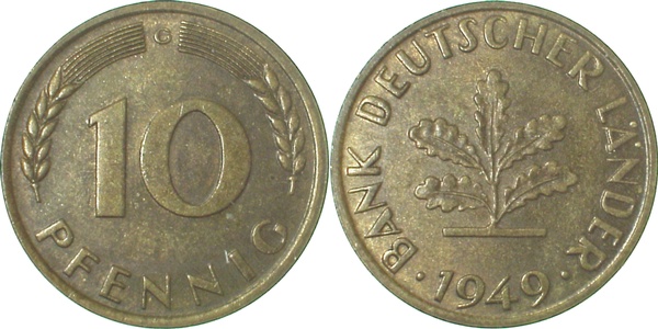 10 Pfennig 1949 G Nbg 3 1 dünnes Münzzeichen ! Nbg 3 1 10 Pfennig