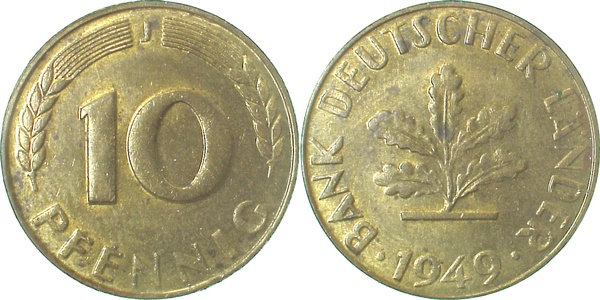 10 Pfennig 1949 J vz/stgl J378 vz / stgl 10 Pfennig