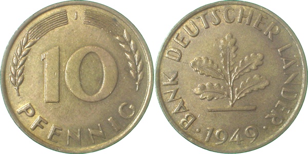 10 Pfennig 1949 J f bfr Rs:sch Striß J378 f bfr 10 Pfennig