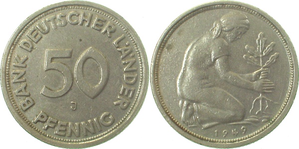 50 Pfennig 1949 J Bank Deutscher LÄNder ss/vz J379 ss / vz 50 Pfennig