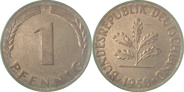 1 Pfennig 1950 F bfr/st J380 bfr / st 1 Pfennig
