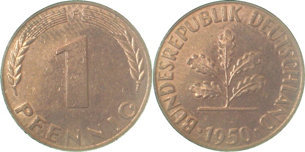 1 Pfennig 1950 F bfr Erstabschlag (Ea)! ! J380 bfr 1 Pfennig