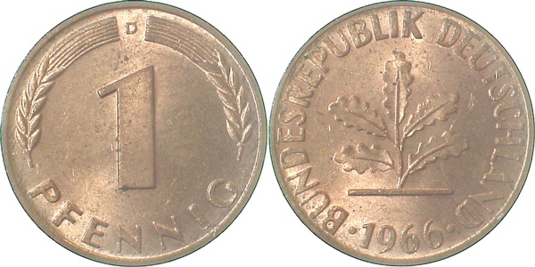 1 Pfennig 1966 D bfr/stgl J380 bfr / stgl 1 Pfennig