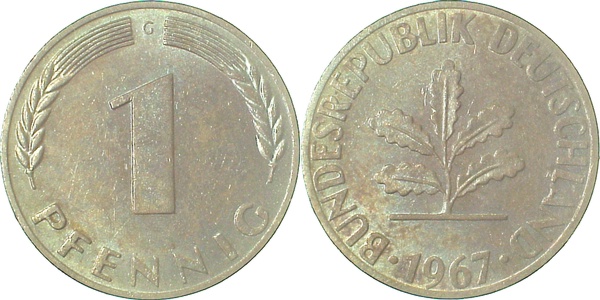 1 Pfennig 1967 G bfr sch Patina! J380 bfr 1 Pfennig