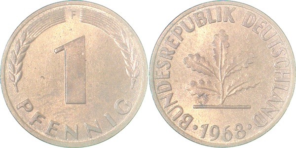 1 Pfennig 1968 F stgl fein J380 1 Pfennig