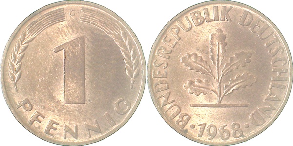 1 Pfennig 1968 G bfr/st J380 bfr / st 1 Pfennig