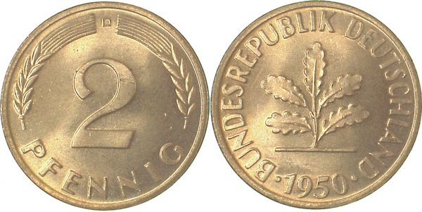 2 Pfennig 1950 D bfr/stgl J381 bfr / stgl