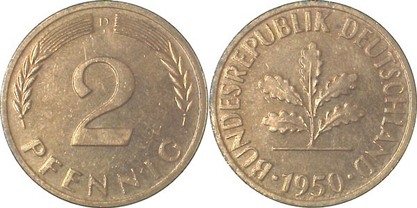 2 Pfennig 1950 D bfr Erstabschlag (Ea)! ! J381 bfr 2 Pfennig