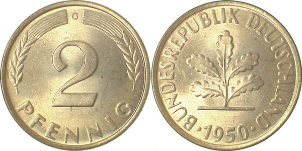 2 Pfennig 1950 G bankfrisch/stempelglanz J381