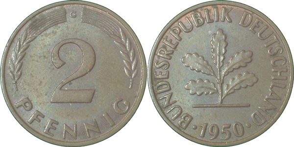 2 Pfennig 1950 G bankfrisch herrliche Patina J381