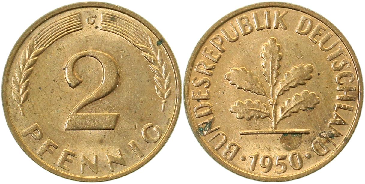 2 Pfennig 1950 G bfr etwas fleckig J381 bfr 2 Pfennig
