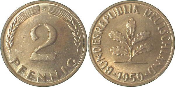 2 Pfennig 1950 G bfr/f bfr Erstabschlag (Ea)! ! J381 bfr / f bfr 2 Pfennig