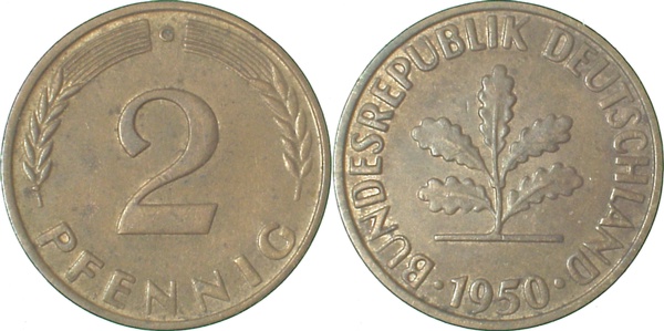 2 Pfennig 1950 G vz J381 vz 2 Pfennig