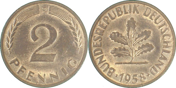 2 Pfennig 1958 D bfr/stgl J381 bfr / stgl 2 Pfennig