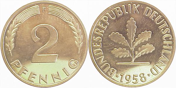 2 Pfennig 1958 F PP Auflage: 100 Exemplare J381