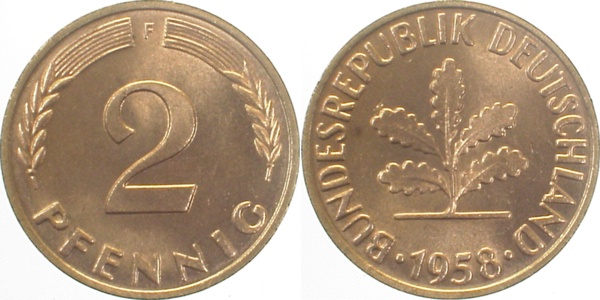 2 Pfennig 1958 F bfr/stgl J381 bfr / stgl 2 Pfennig