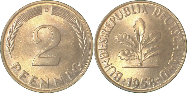2 Pfennig 1958 G stgl, sehr selten i.d. Erhaltung